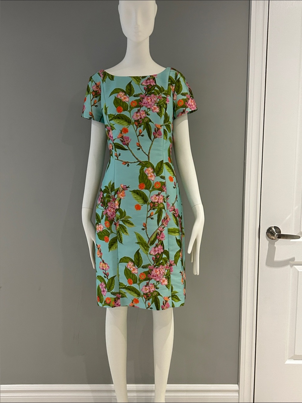 Talbots Mint Floral Strapless Cocktail Dress with Pink Blossoms